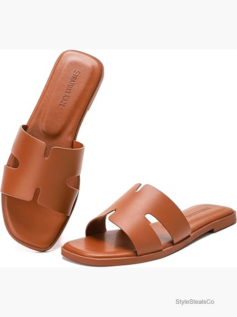 Faux Leather Slide Sandals Flat Dressy Open Toe Summer